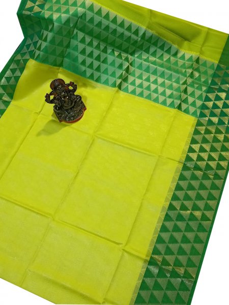 Lime green and deep green kora silk saree with kuppatam border